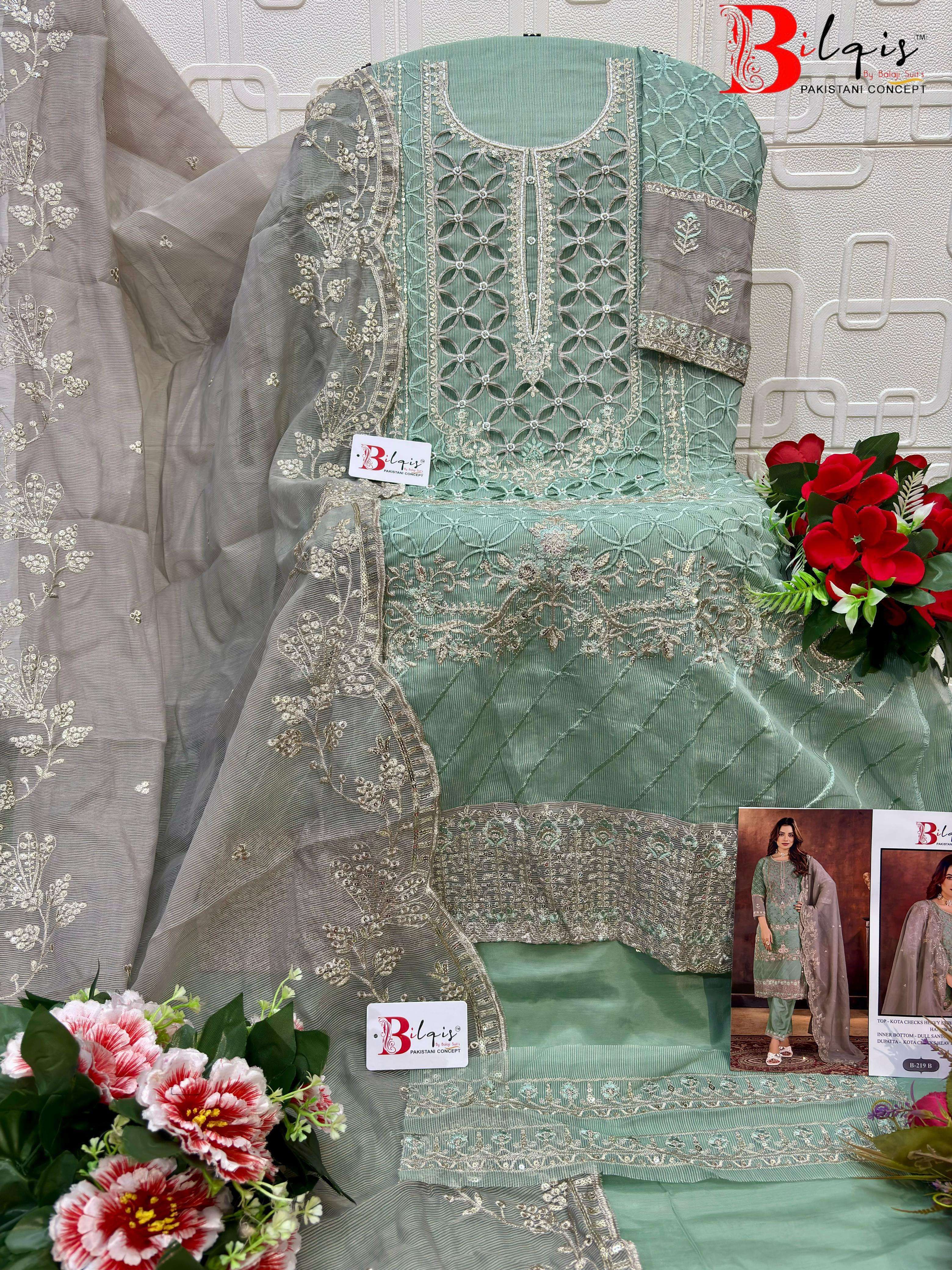BILQIS B 219 KOTA CHECKS HEAVY WORK PAKISTANI TYPE SUIT MATERIAL SET FESTIVAL EXPORT